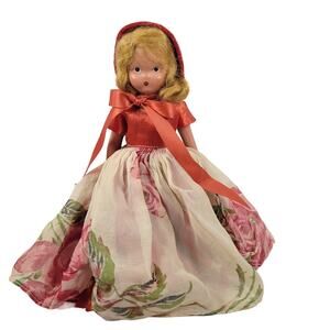Vintage Little Red Riding Hood Doll 7" with Floral Dress & Cape Ceramic Face